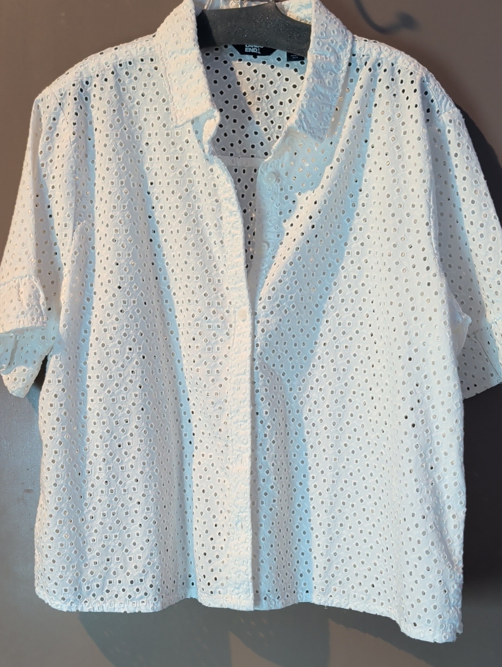 Lands EndWhite Eyelet Short-Sleeve Button-Up Shirt
